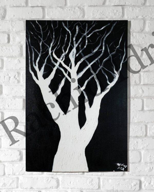 Tableau Abstrait Noir et Blanc – Arbre de Vie Minimaliste et Épuré