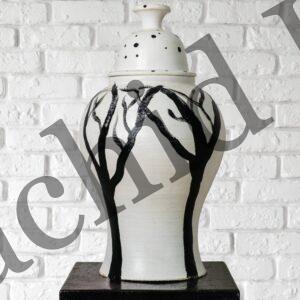 Vase en Céramique Peint à la Main – Motif d'Arbres Noir et Blanc