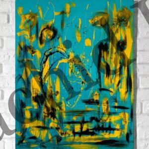 Tableau Abstrait Contemporain – Harmonie Entre Bleu et Jaune