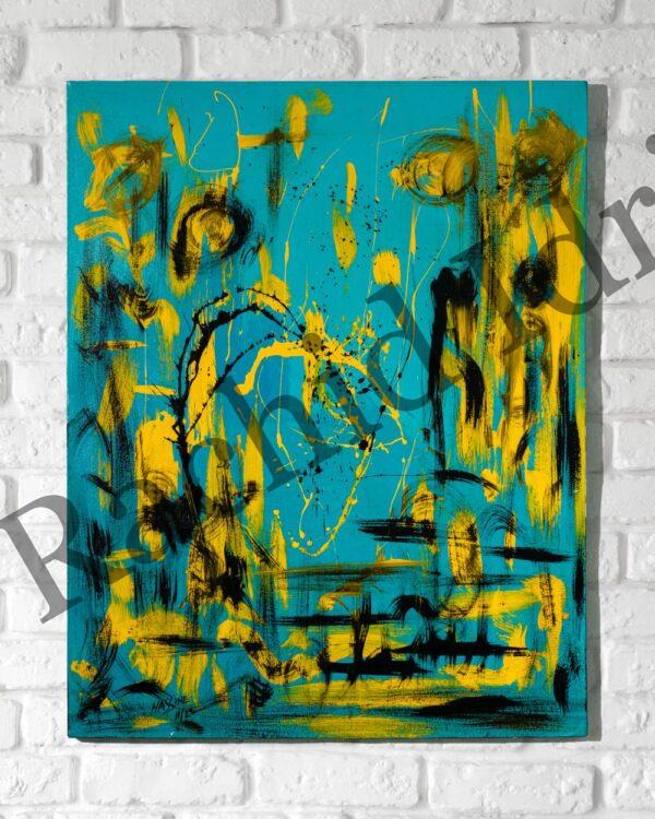 Tableau Abstrait Contemporain – Harmonie Entre Bleu et Jaune